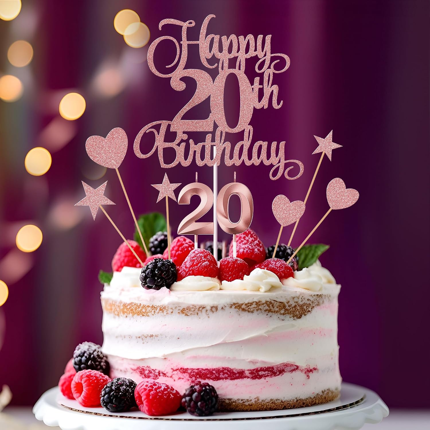 20th Birthday Cake Decorations, 20th Birthday Candles Cake Numeral Candles and Glitter Happy 20th Birthday Cake Toppers Set for Birthday Party Supplies (Rose Gold)