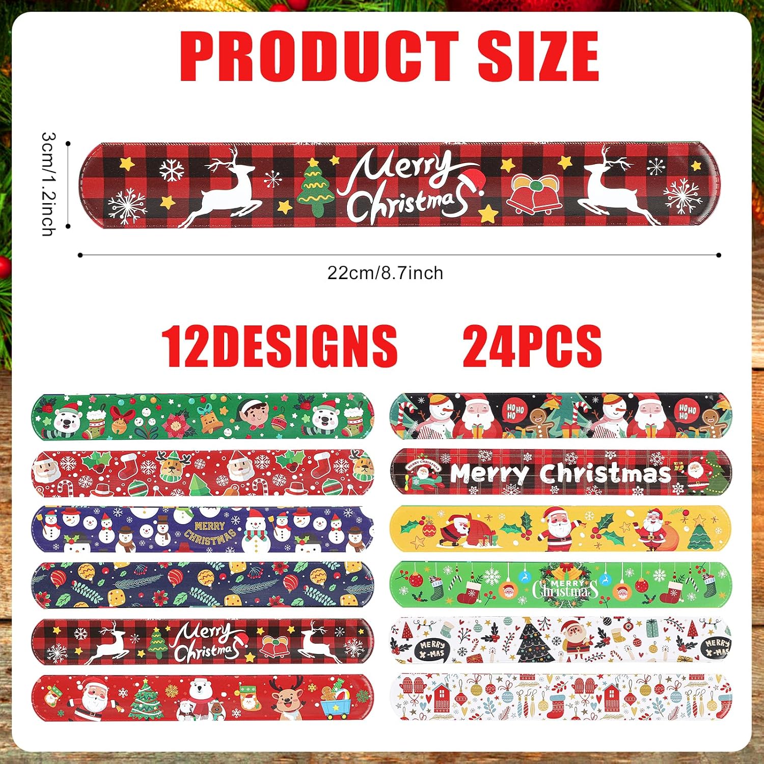 24pcs Christmas Wrapping Paper Roll Holder Clips, 8.7x1.2in Holiday Flip Wraps 12 Designs Gift Wrap Strips Flip Stabilizer Slap Bands for Xmas Poster Wrapping Organization Storage