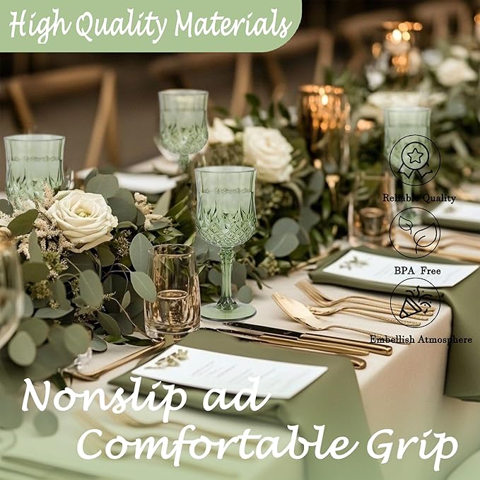 Plastic Wine Glasses，Plastic Goblets Vintage Style Cordial Drinking Glasses for Wedding Reception, Grand Event Party Supplies (48, New Green)