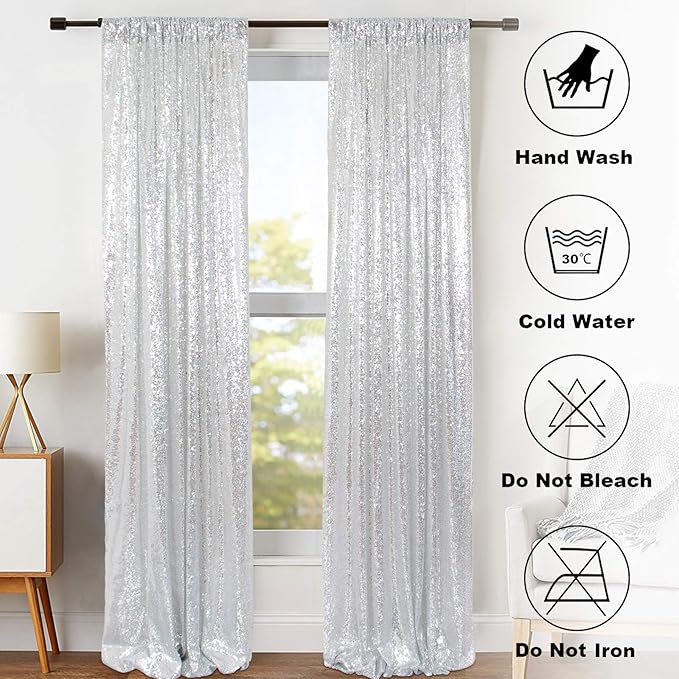ShinyBeauty Sequin Curtains 2 Panels Silver 2FTx8FT Sequin Photo Backdrop Silver Sequin Backdrop Curtain Pack of 2-1011E