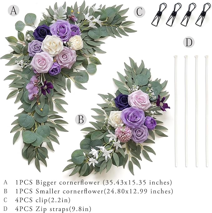 Faux Flower Swag Set of 2 for Wedding Welcome Signs Floral Decorations, Purple Wedding Arch Flowers for Wedding Ceremony (Lilac & Purple & Cream)
