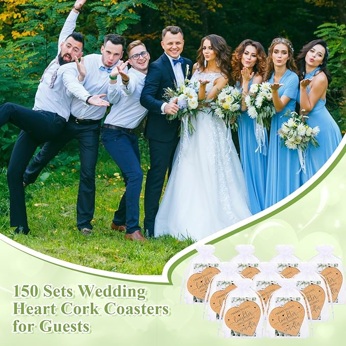 Uiifan 150 Set Wedding Favors for Guest Coaster Gifts Bulk Heart Shaped Coasters Thank You Cards Organza Bags Guest Souvenirs for Wedding Party Bridal Favors