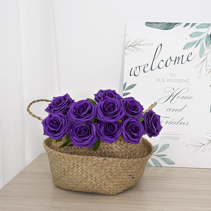 Artificial Rose 10pcs Open Flower Bouquet Faux Rose Stems for Wedding Arrangement, Bridal Bouquet, Centerpiece, Fake Faux Silk Flowers (Purple)