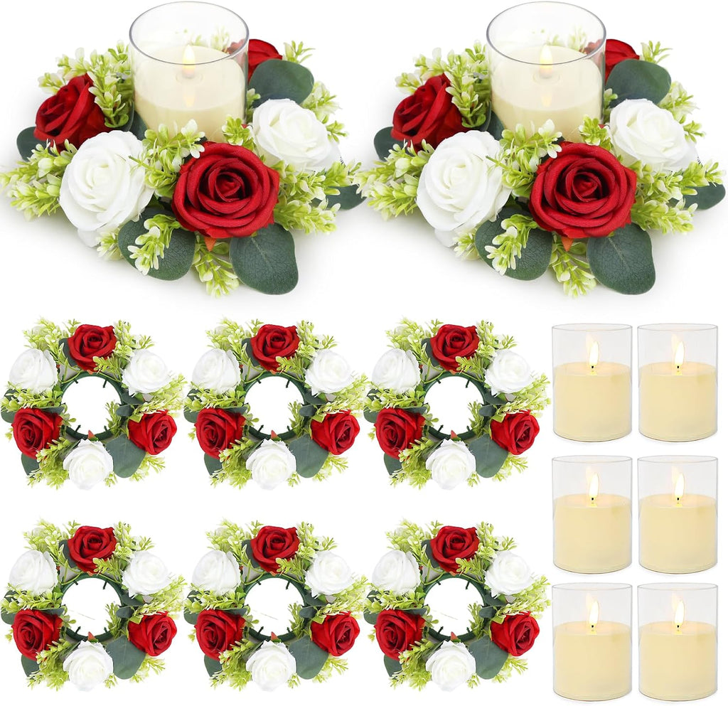 Crimson Rose Candle Rings with Flameless Candles Sets - 12PCS Artificial Flower Eucalyptus Wedding Centerpiece 3 Inch Pillar Candleholders Wreaths for Wedding Party Decor (Crimson - 6 Sets)
