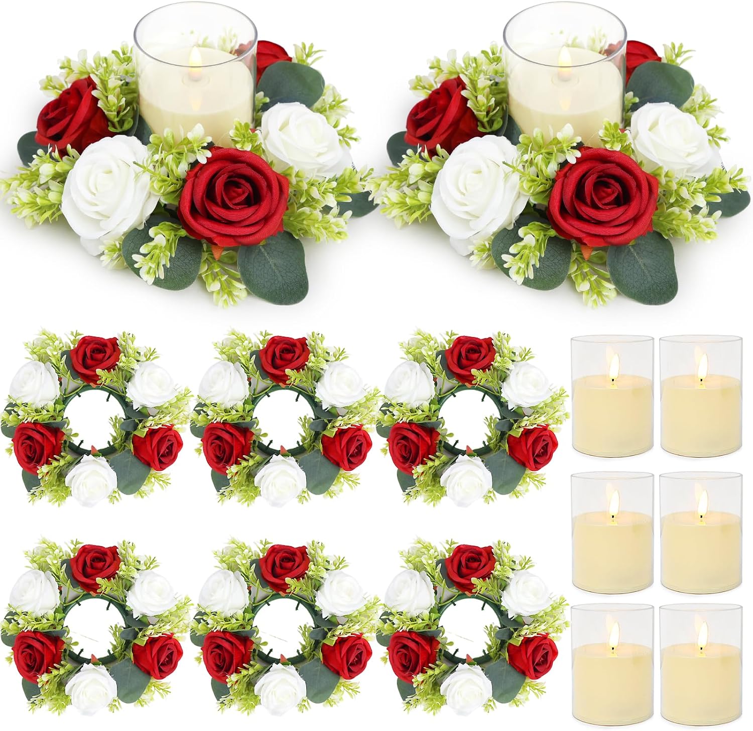 Crimson Rose Candle Rings with Flameless Candles Sets - 12PCS Artificial Flower Eucalyptus Wedding Centerpiece 3 Inch Pillar Candleholders Wreaths for Wedding Party Decor (Crimson - 6 Sets)