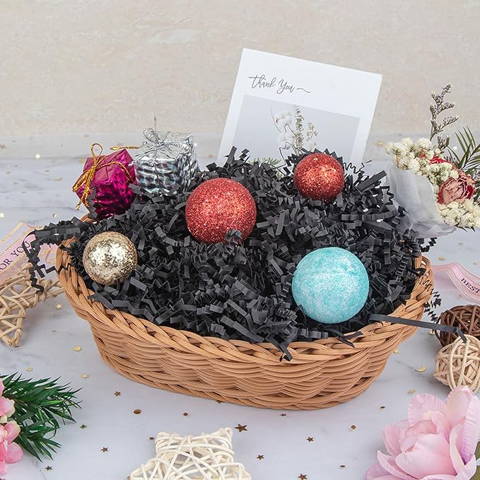Caleihd Crinkle Cut Paper Shred Packing Grass Cushion Paper Streamer for Christmas Wedding Birthday Bridesmaid Engagement Craft Gift Boxes Bags Basket Filler Decoration 4.5oz Black