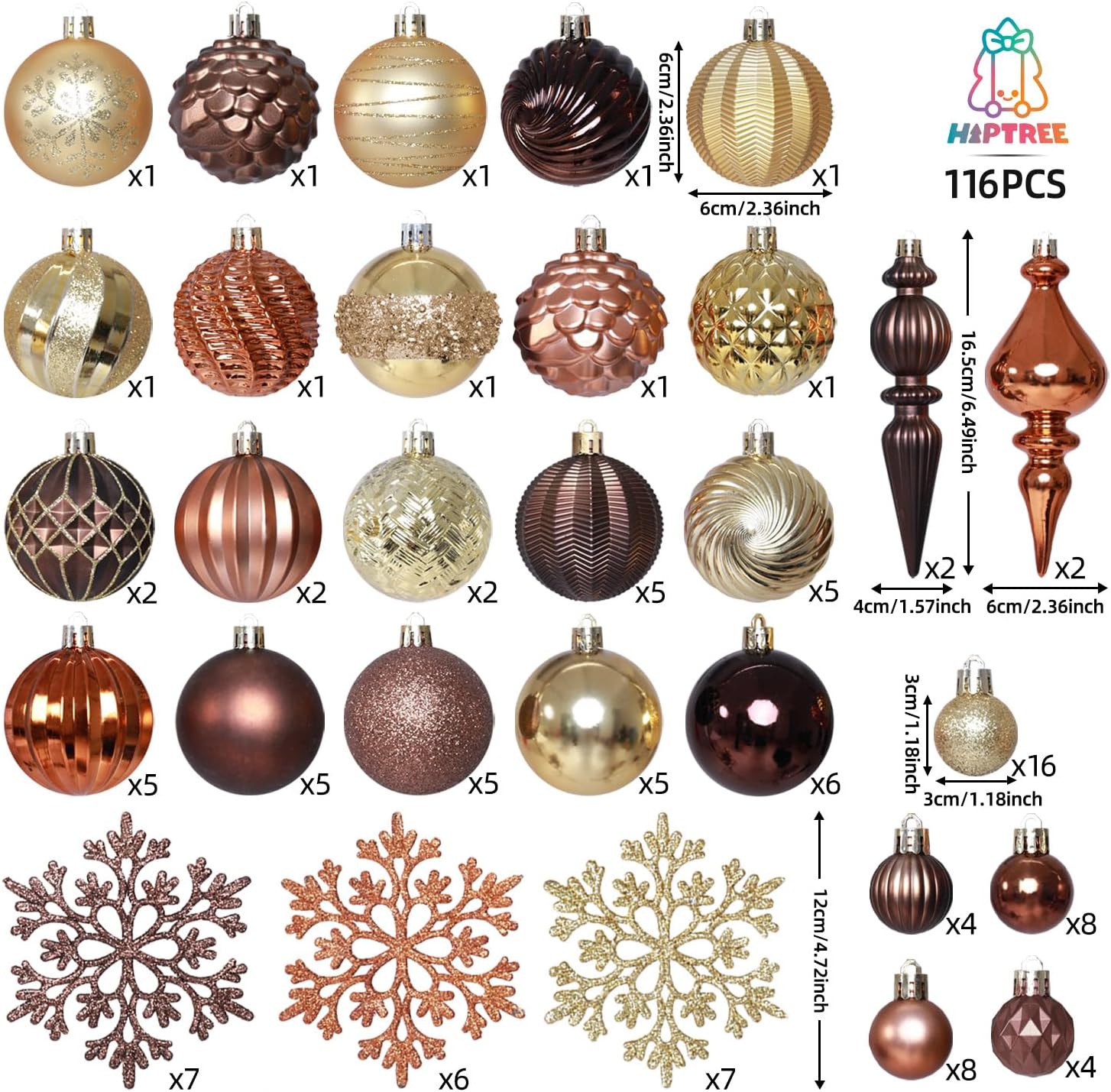HipTree 116ct 1.18-6.5"Copper Gold Christmas Tree Ornaments Decorations Set | Shatterproof Luxury Assorted Hanging Baubles, Pre-Strung Bulk Holiday Decor For Tabletop Tree,Mantel Xmas Party Home Indoor