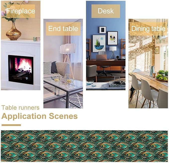 Peacock Feather Table Runner,Retro Aesthetic Green Table Runner for Home Kitchen Dining Party Indoor Outdoor Decoration 13x60 Inch