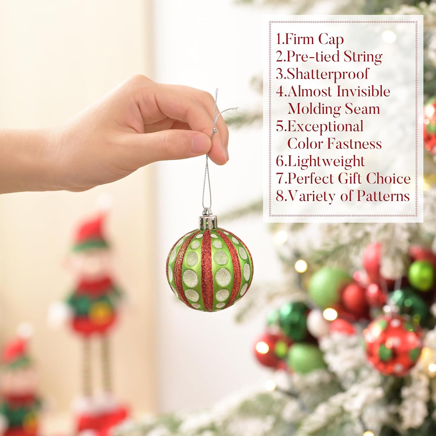 Valery Madelyn Christmas Ornaments Set, 16ct Red Green White Shatterproof Christmas Tree Decorations Ball Ornaments Bulk, 2.36 Inch Hanging Ornaments for Xmas Trees Holiday Party Decor