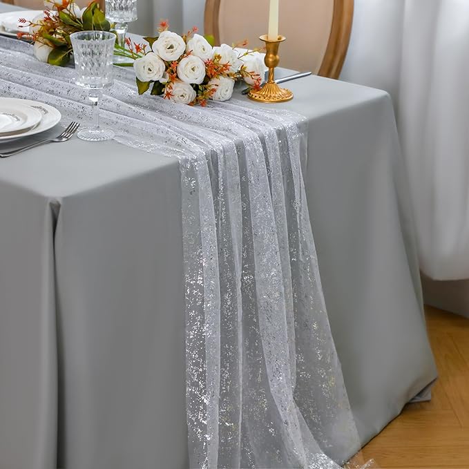 Snowkingdom 6 Pcs 10 FT Silver White Cheesecloth Table Runner Sheer Chiffon Gauze Runner, Sequin Glitter Silver Table Decoration Centerpieces for Wedding Birthday Christmas Bridal Baby Shower