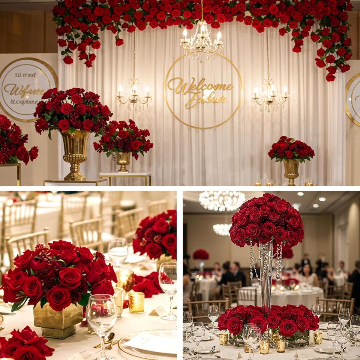 auihiay 60pcs red roses artificial flowers, faux roses showing dimensions