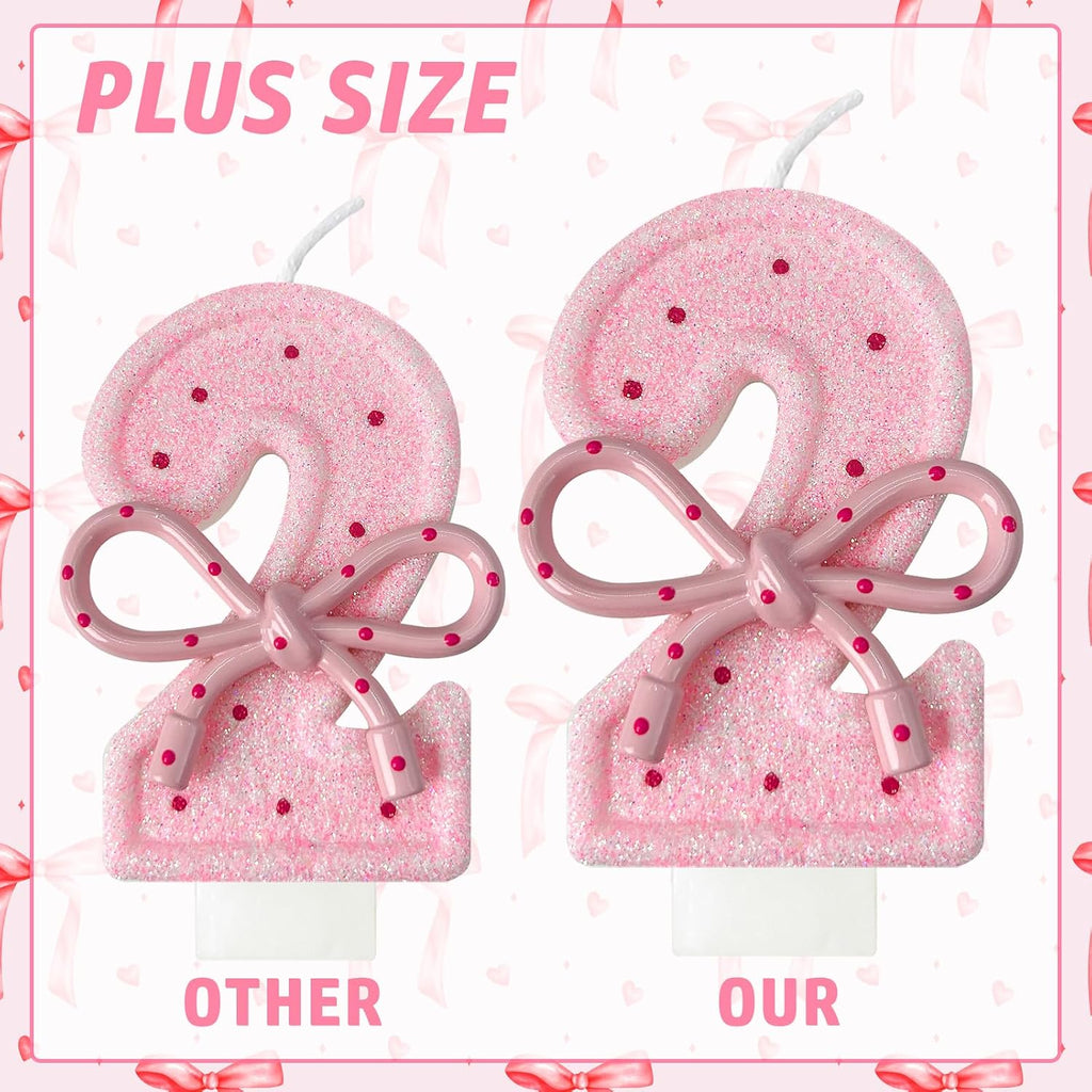 Pink Birthday Candles with Bows, 3.3 Inch Birthday Candles for Cake Decorations, Cute Anniversary Celebration Supplies for Girls and Women (2)