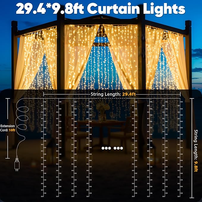 suddus 900 LED Christmas String Lights Outdoor, 9.8x29.5ft Curtain Light Plug in with Remote, 8 Modes Wall Hanging Lights for Christmas,Dorm,Wall，Window,Wedding,Party,Birthday Decor,Warm White