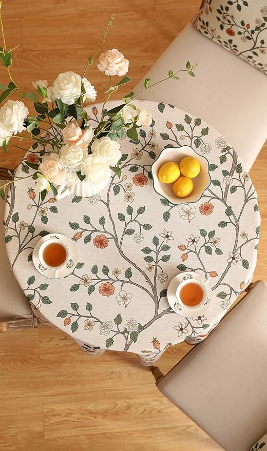 ISAENNE Designer Floral Round Tablecloth,French Linen Light Beige Indoor Table Cloth,Fall Wrinkle Resistant Decor Tablecloths for Dining Thanksgiving Kitchen Party,Diameter 67"-Flora A