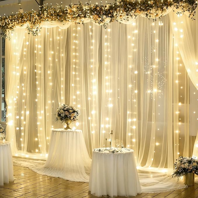 10ft x 10ft Champagne Tulle Backdrop Curtain with Lights String for Parties Wedding Bridal Shower Sheer Champagne Curtain Backdrop for Birthday Party Baby Shower Photo Booth Decorations