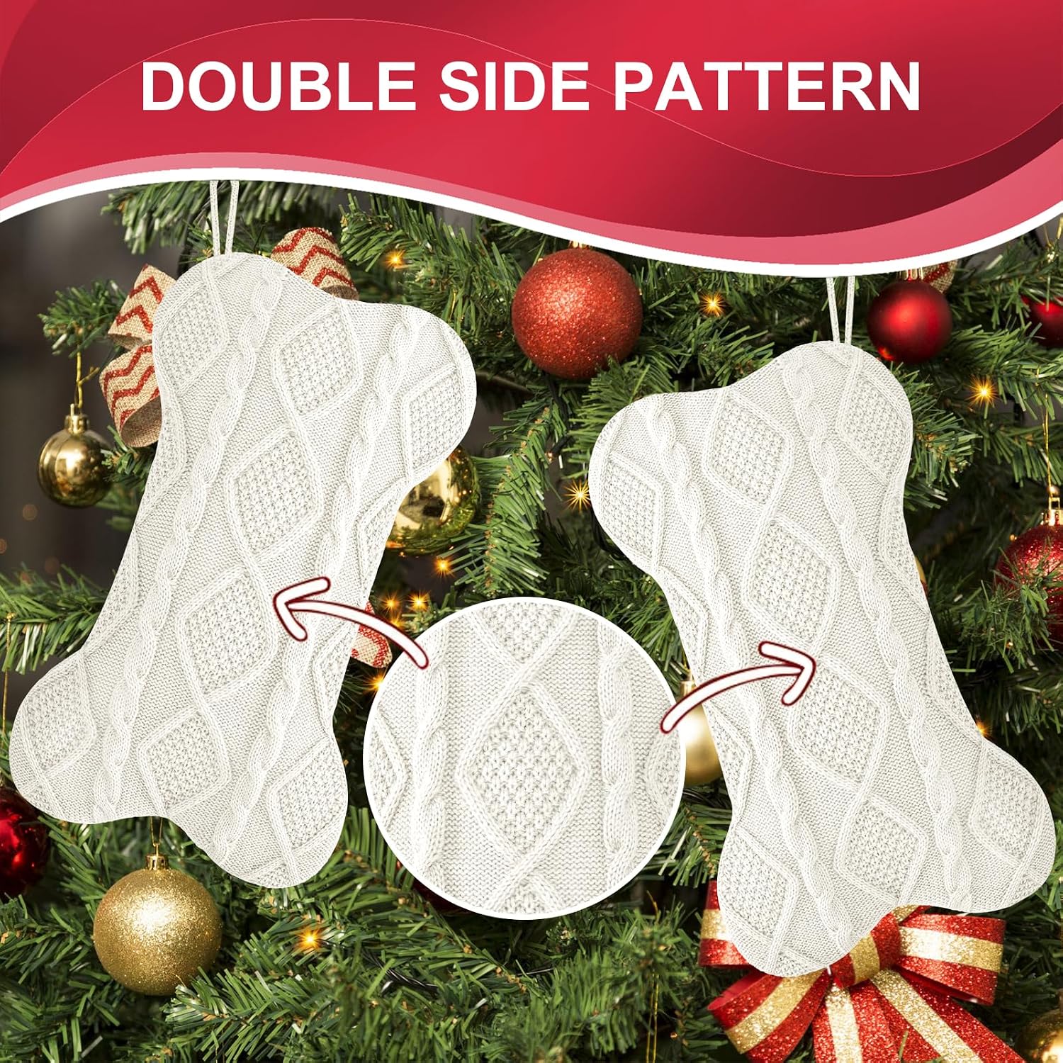 18 Inch Christmas Stockings,Ivory and Khaki Knit Bulk Double Side Vintage Dog Xmas Stockings for Family Dogs Pets,4 Pack