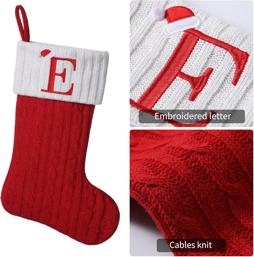 19.5 inch Red Knit Christmas Stockings,Personalized Embroidered Letter Christmas Stocking,Family Holiday Xmas Party Decor (Initial J)