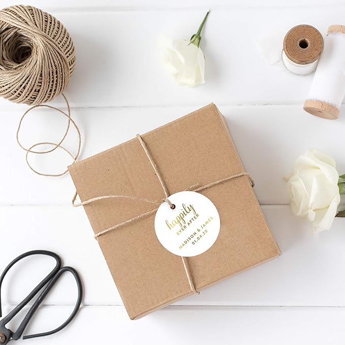 Andaz Press Personalized Round Circle Wedding Gift Tags, Metallic Gold Ink, Happily Ever After, 24-Pack, Custom Made Any Name