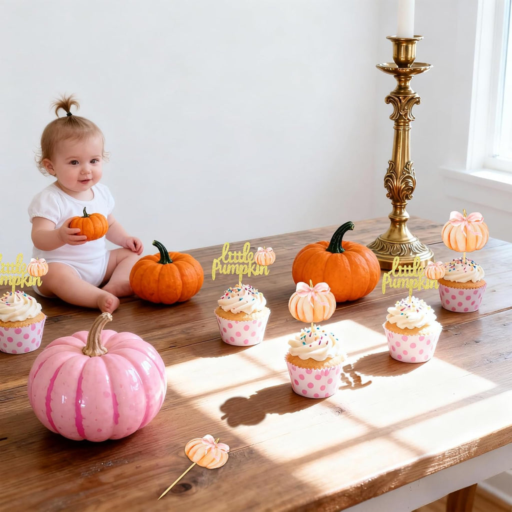24 Pcs Pumpkin Cupcake Toppers, Thanksgiving Birthday Baby Shower Bow Fall Theme Party Decorations Gender Reveal Supplies (bow pink)