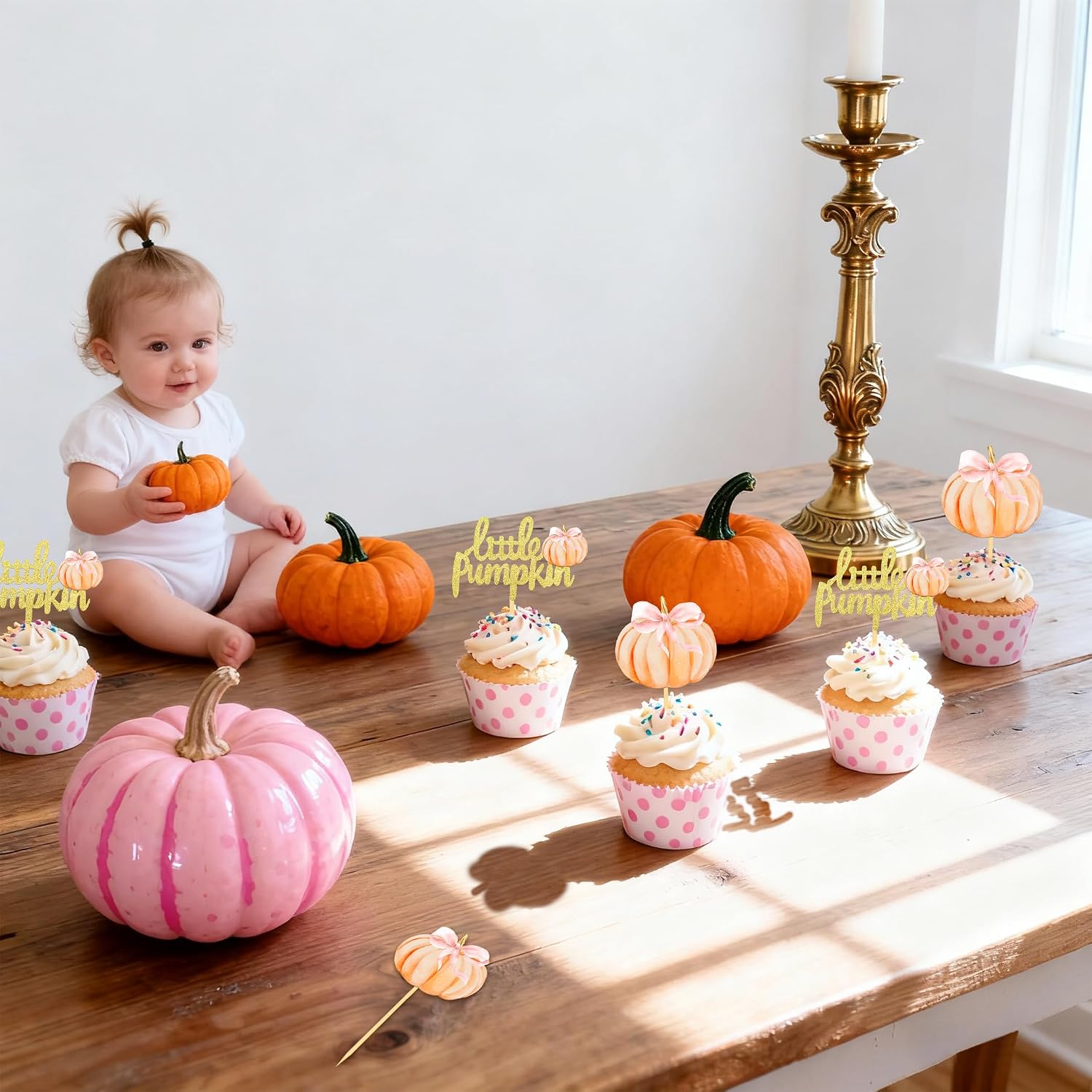 24 Pcs Pumpkin Cupcake Toppers, Thanksgiving Birthday Baby Shower Bow Fall Theme Party Decorations Gender Reveal Supplies (bow pink)