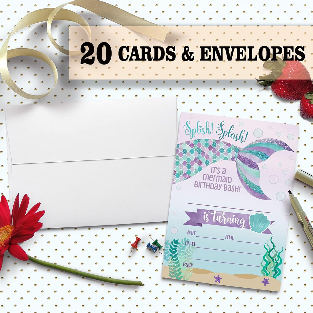 Birthday Party Invitation Cards, Mermaid Party Celebration, Splish Splash It's A Mermaid Birthday Bash Invite, Party Supplies, Favors, 20 Cards With 20 Envelopes – (meiRY03)