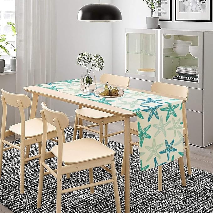 Starfish Plaid Table Flag Green Plaid and Marine Life Starfish Kitchen Table Flag Suitable for Birthday Party Restaurant Decoration Outdoor Picnic 13 * 120 Inch