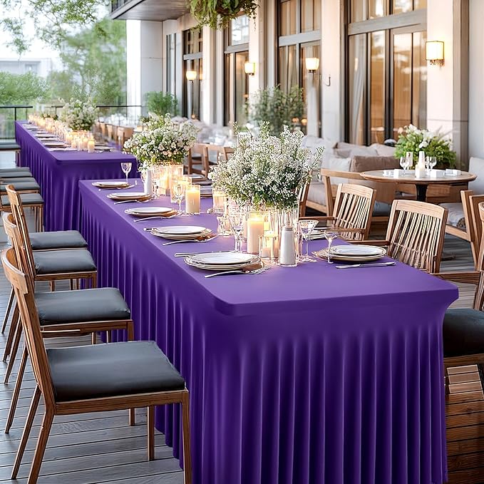 6 Pack Dark Purple Spandex Table Clothes for 8 Foot Rectangle Tables, 8FT Wrinkle Free Fitted Tablecloths Ruffles Design Table Cover for Party, Banquet, Wedding and Events