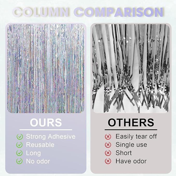 2 Pack Laser Silver Tinsel Foil Fringe Curtains, Silver Party Decorations, Metallic Tinsel Party Streamers Backdrop for New Years Birthday Halloween Wedding Party Decorations