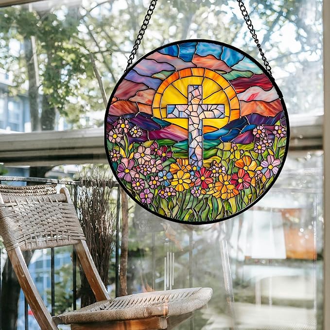 Stained Glass Window Hanging - Cross Flower Sea Sun Catcher for Door Terrace Garden Home Decor, Mountains Landscape Suncatcher Birthday Gifts for Lovers Women Men Dad Mom Nana 11.8 in