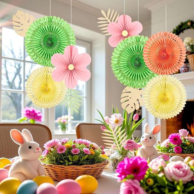 SUNBEAUTY Paper Flowers Pink and Green Party Decorations Hanging Fans Spring Summer Decor for Wall Wedding Backdrop Bridal Shower Birthday - 9Pcs