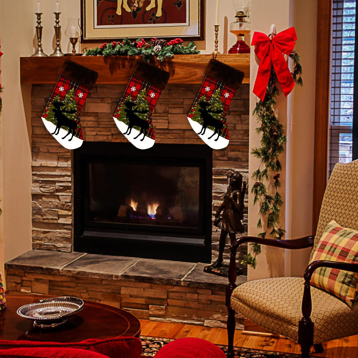20 inch Big Moose Christmas Stockings, Single Black Deer Reindeer Buffalo Plaid Cute Rustic Farmhouse Xmas Stocking with Snowflake for Baby Child Children Kids Girl Boy Christmas Décor (Big Moose)