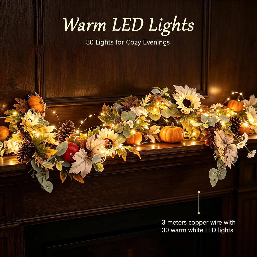 6ft fall garland with lights, sunflower pumpkin daisy showing dimensions