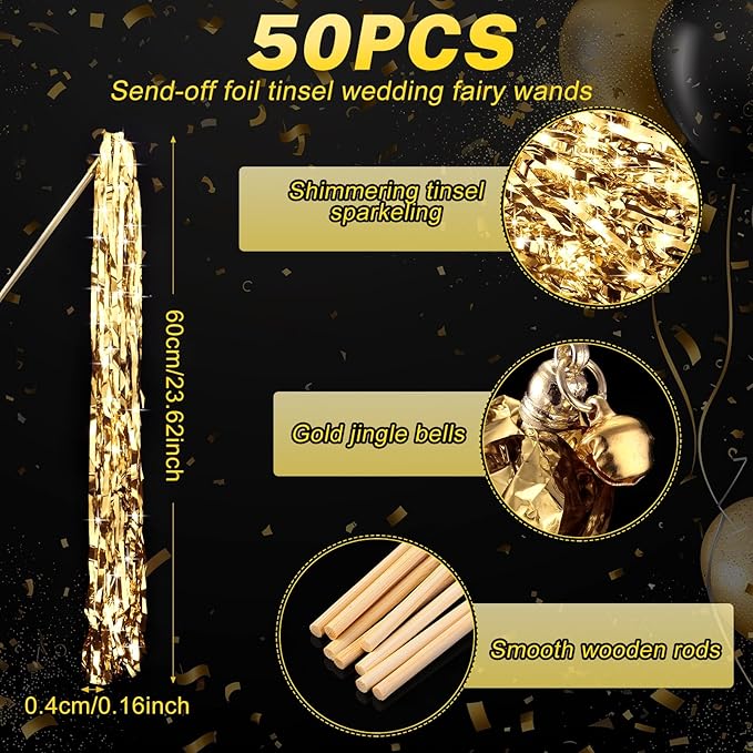 50 Pcs Wedding Fairy Wands with Bells Foil Tinsel Ribbon Stick Wands Tinsel Party Streamers with Bell Glittery Bridal Wedding Send Off Ideas Holiday Celebration (Champagne Gold)