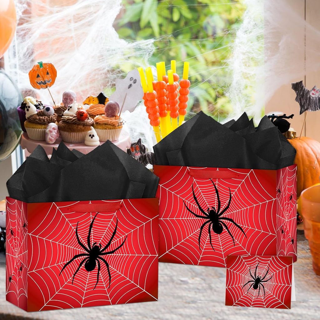 Hooqict Spider Birthday Gift Bag with Handles, Wrapping Paper, Greeting Card for Boys Kids Men Goodie Treat Party Gift Box Black Red Spider Web Birthday Decorations Halloween Bag