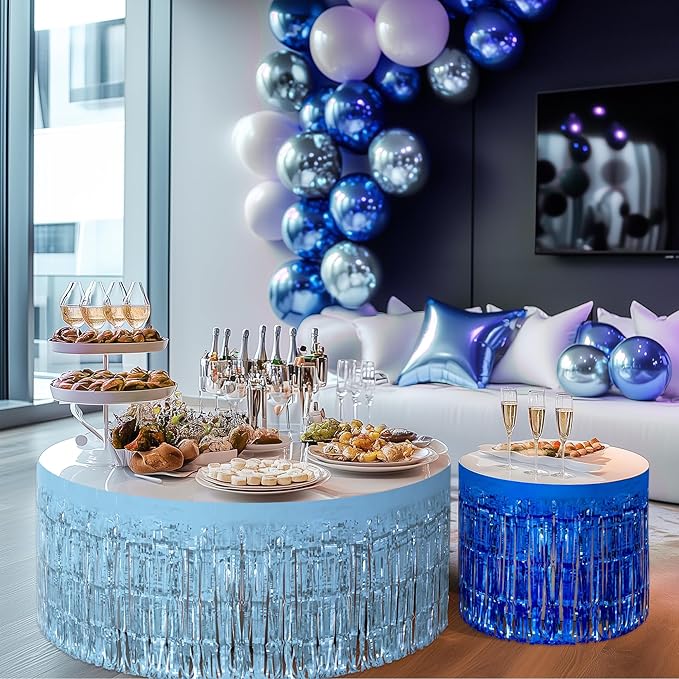 3 Pack Blue Series Table Skirts, 29x108" Metallic Foil Tinsel Fringe Table Skirt for Rectangle Tables Streamer Curtains Backdrop, Party Decorations for Birthdays, Weddings, Holidays