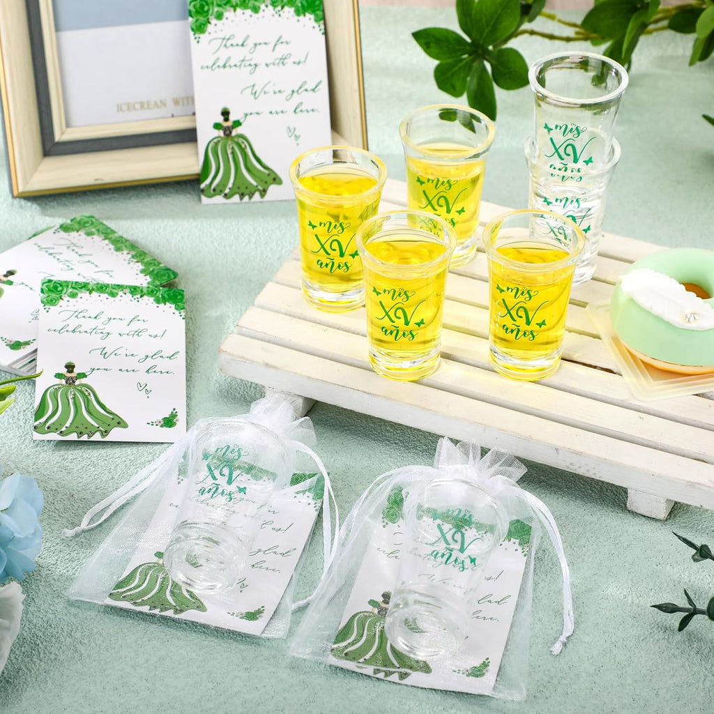 Havawish 50 Sets Quinceanera Party Favors for Guests Quinceanera Acrylic Clear Personalized Shot Glasses Thank You Cards with Organza Bags Mis Xv Años Sweet 15 Birthday Party Favors (Green)