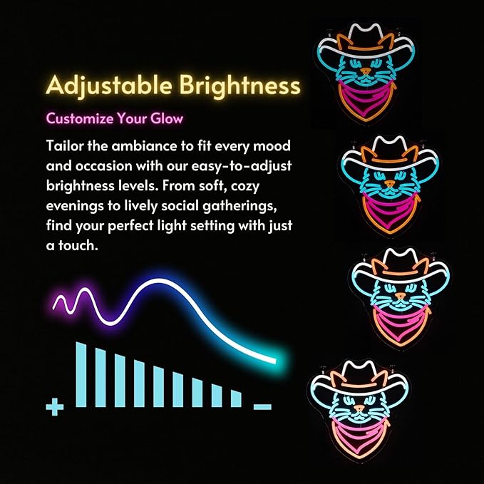 Cowboy Cat Neon Sign - Adjustable Dimmable LED Neon Light, 13.8"x13.7", Premium Quality, Vibrant Home Decor