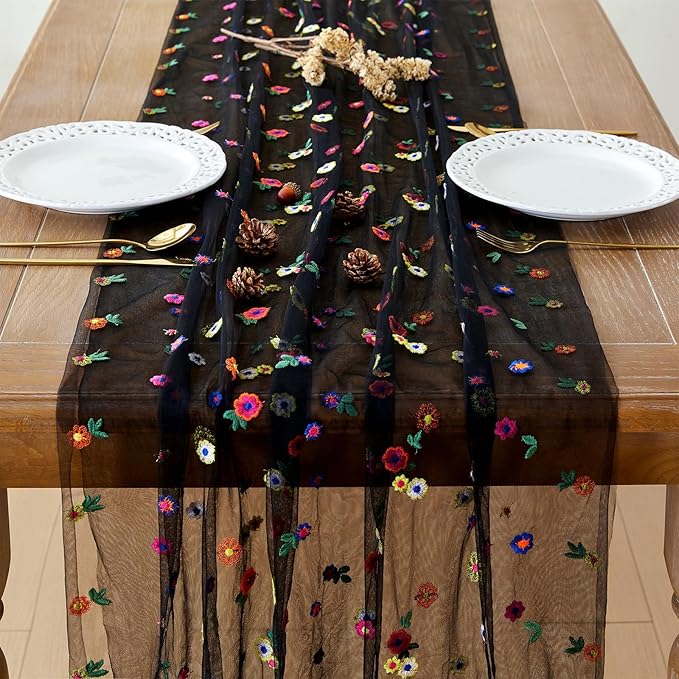 JIALE 3 Pack Black Floral Table Runner, Embroidery Daisy Seasonal Table Decorations, 120Inch 10FT Tulle Fabric for Home Decor, Bridal Shower Wedding, Baby Shower Parties, DIY Craft