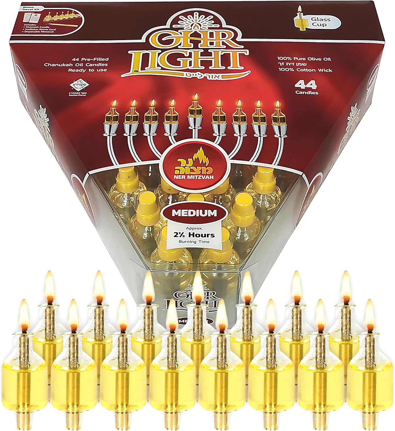 Ner Mitzvah Pre - Filled Menorah Oil Cup Candles, Hanukkah Ohr Lights, 100% Olive Oil with Cotton Wick in Glass Cup - Medium (Pack of 44) Burns Approx. 2 1/2 Hrs