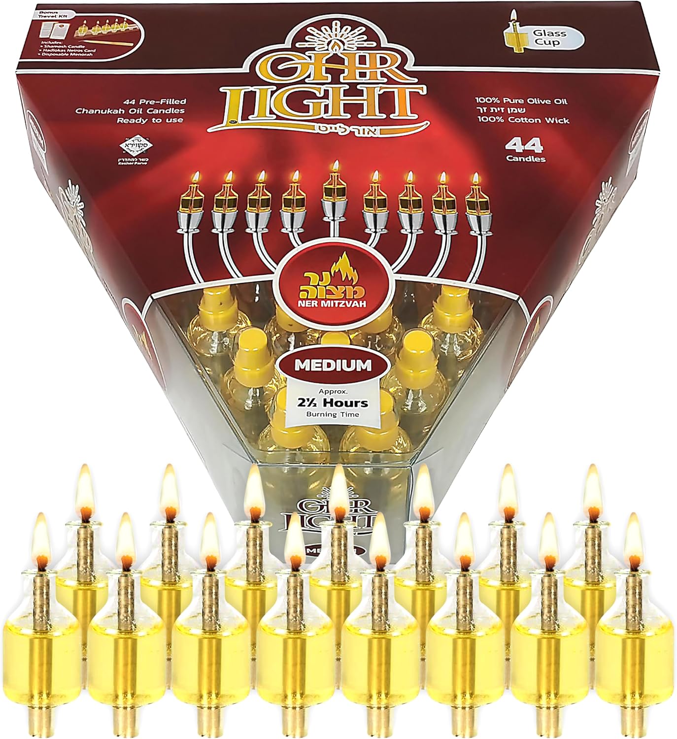 Ner Mitzvah Pre - Filled Menorah Oil Cup Candles, Hanukkah Ohr Lights, 100% Olive Oil with Cotton Wick in Glass Cup - Medium (Pack of 44) Burns Approx. 2 1/2 Hrs