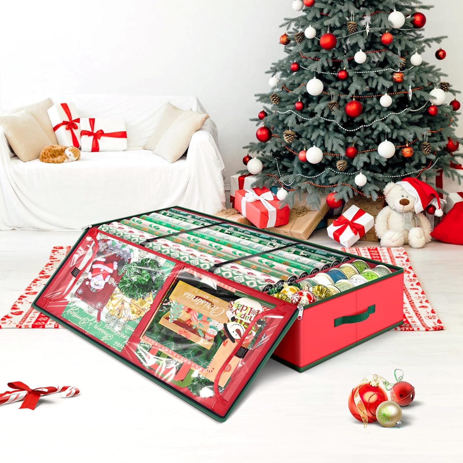 Fabspace Christmas Wrapping Paper Storage Containers, 40 Inch Gift Wrap Organizer, Visible Supplies Pockets for Xmas Accessories, Underbed Storage for Christmas Decorations, Red