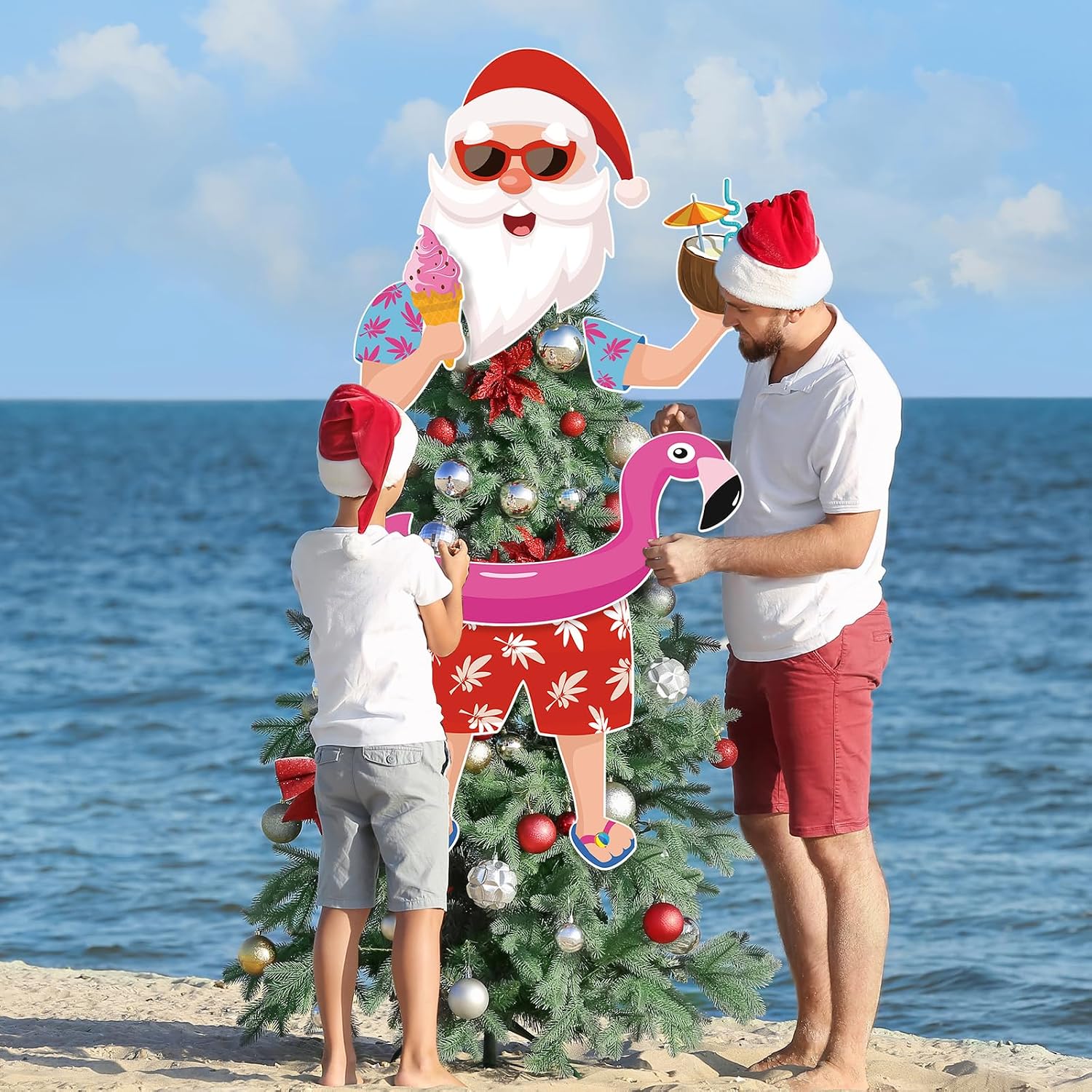 Watersay Christmas Tree Topper Hawaii Christmas Decoration Summer Santa Claus Tree Topper Flamingo Ice Cream Coconut Head Arms and Legs Xmas Ornament Decor for Home Party Supplies