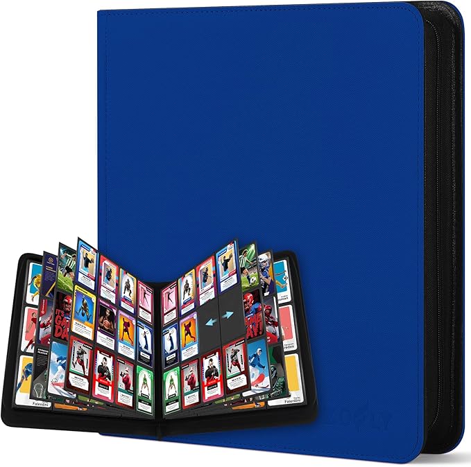 12 Pockets Trading Card Zipper Binder for 720 Cards, 30 Side-Loading Card Binder Folders, Ringless Card Sleeves with PU Cover, Collectible Trading Card Albums for Boys, Girls, Sports Game Cards, Blue