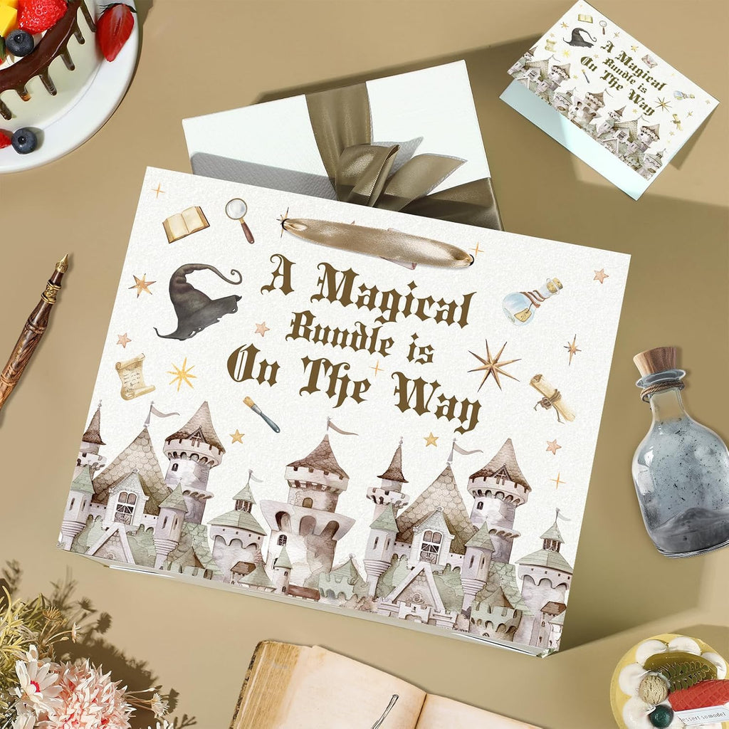 Magical Wizard Baby Shower Birthday Gift Bag for Baby Girls A Magical Bundle is On The Way Bag with Wrapping Paper Card Large Castle Witch Gift Bag for Halloween Baby Shower Birthday Party Supplies