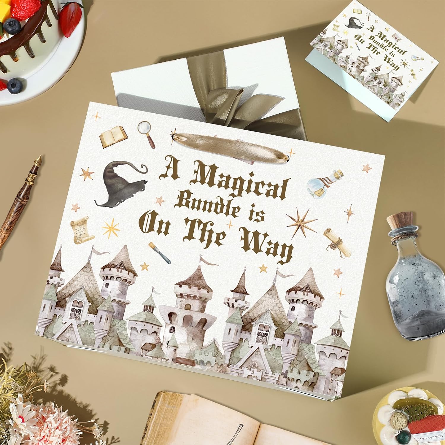 Magical Wizard Baby Shower Birthday Gift Bag for Baby Girls A Magical Bundle is On The Way Bag with Wrapping Paper Card Large Castle Witch Gift Bag for Halloween Baby Shower Birthday Party Supplies
