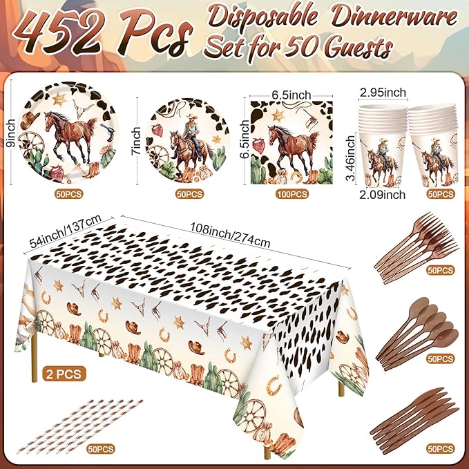 452 Pcs Western Birthday Party Decorations for 50, Western Cowboy Paper Plates Cups Napkins Tablecloth Cutlery Straws Cowboy Tableware for Wild West Horse Rodeo Birthday Party Supplies