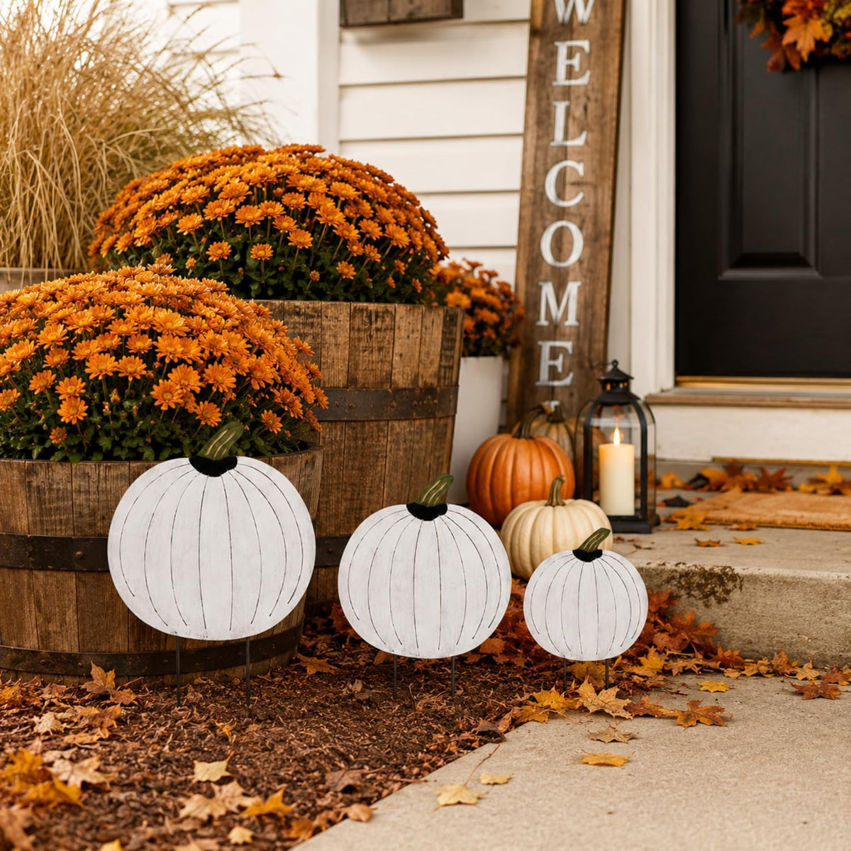 GlikCeil 3 Pcs Fall Decor Outdoor Rustic Pumpkin Stakes, Fall, White