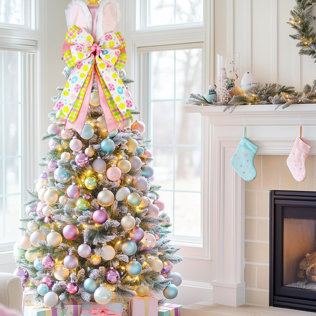 Easter Tree Topper Hat with Bunny Ears, Pink Velvet Top Hat Tree Topper with Bow, Egg Ribbon Spring Tree Decorations Ornament for Easter Christmas Tree Indoor Outdoor