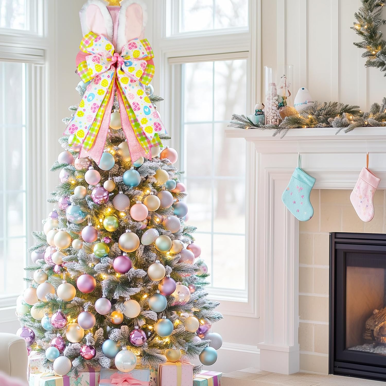 Easter Tree Topper Hat with Bunny Ears, Pink Velvet Top Hat Tree Topper with Bow, Egg Ribbon Spring Tree Decorations Ornament for Easter Christmas Tree Indoor Outdoor