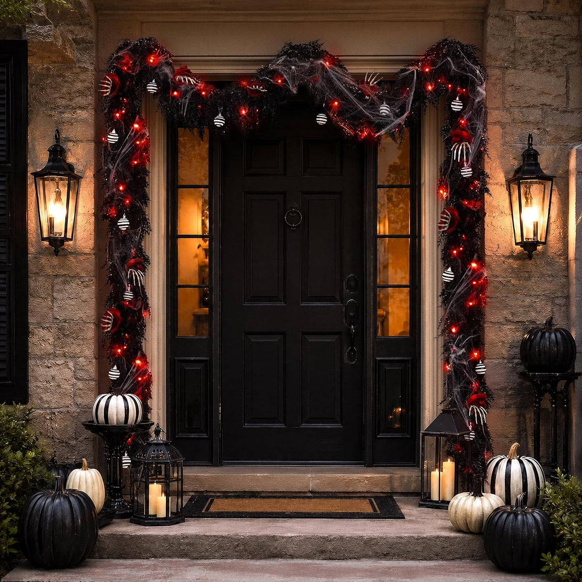 9ft black garland with lights and ornaments prelit showing dimensions